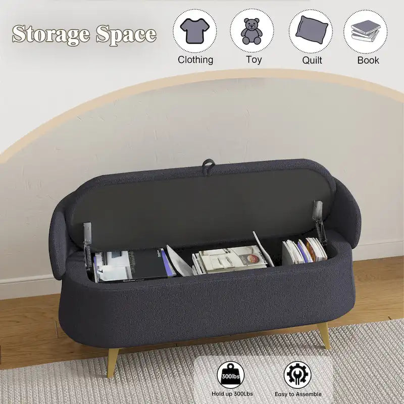 Gray Rectangular Storage Bench with Metal Legs