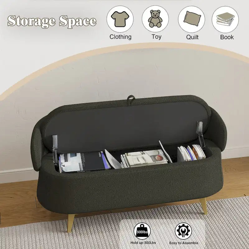 Gray Rectangular Storage Bench with Metal Legs