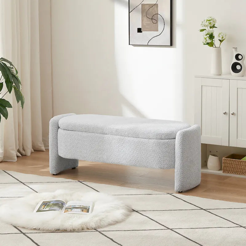 Beige Lamb Fleece Storage Bench with Rounded Sides