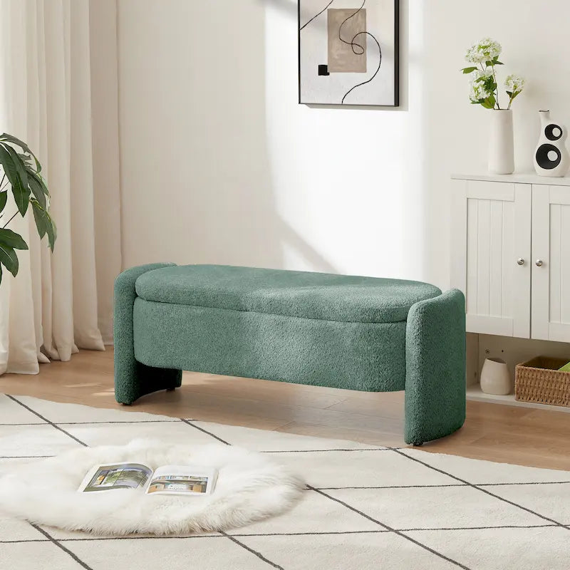 Beige Lamb Fleece Storage Bench with Rounded Sides