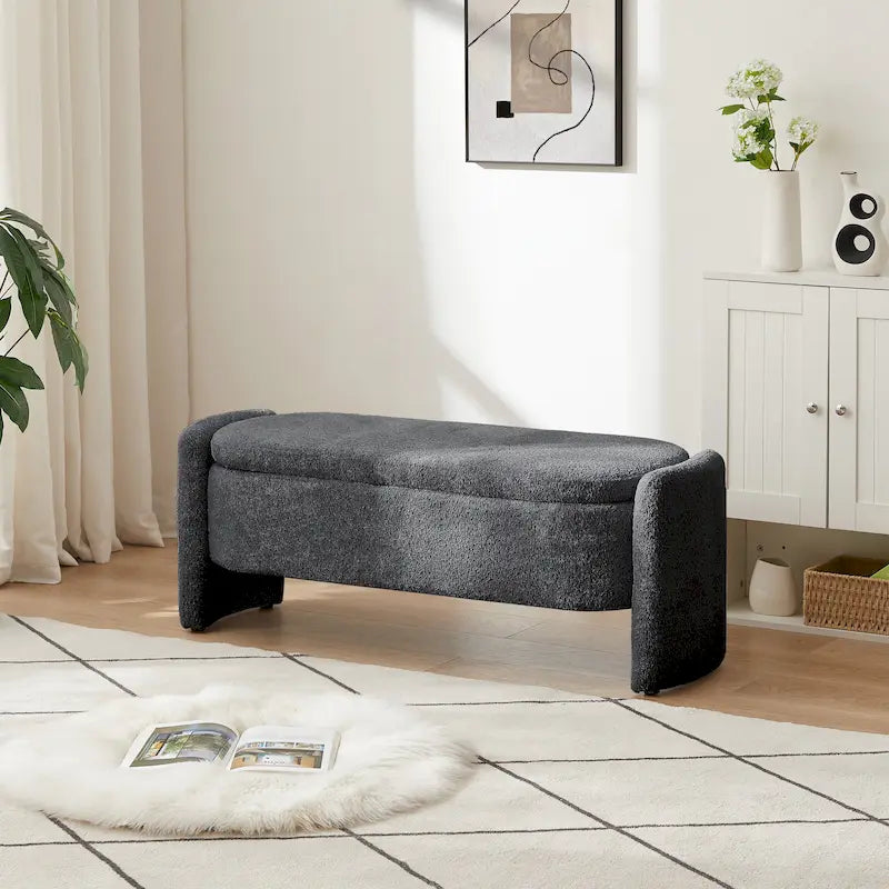 Beige Lamb Fleece Storage Bench with Rounded Sides