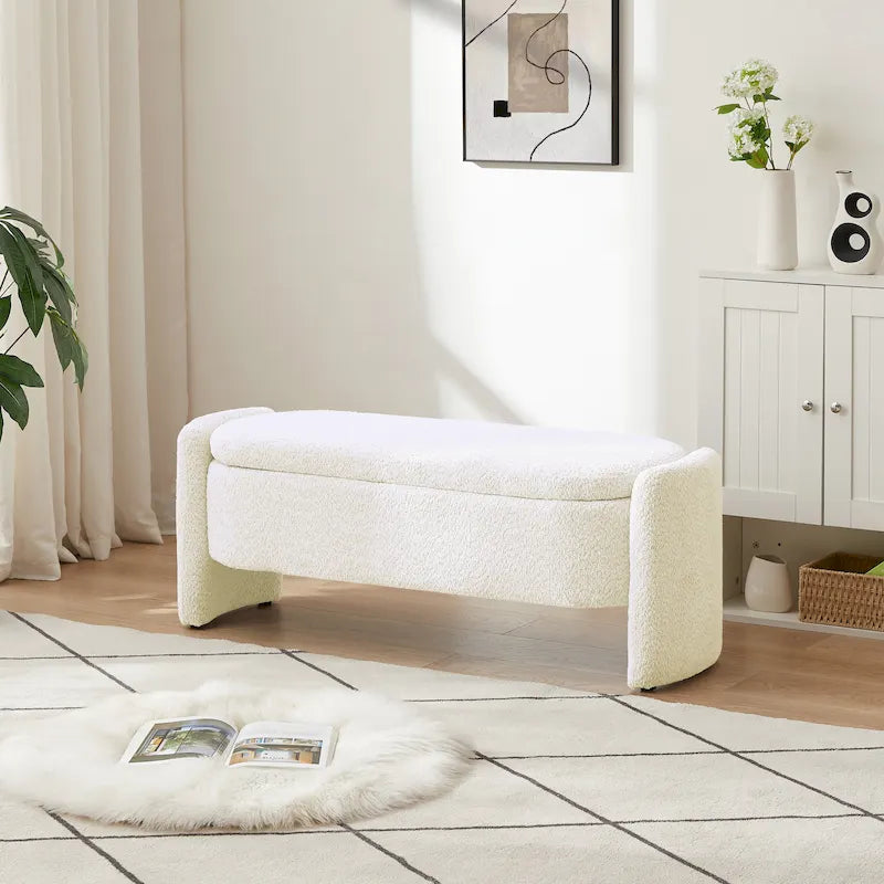 Beige Lamb Fleece Storage Bench with Rounded Sides