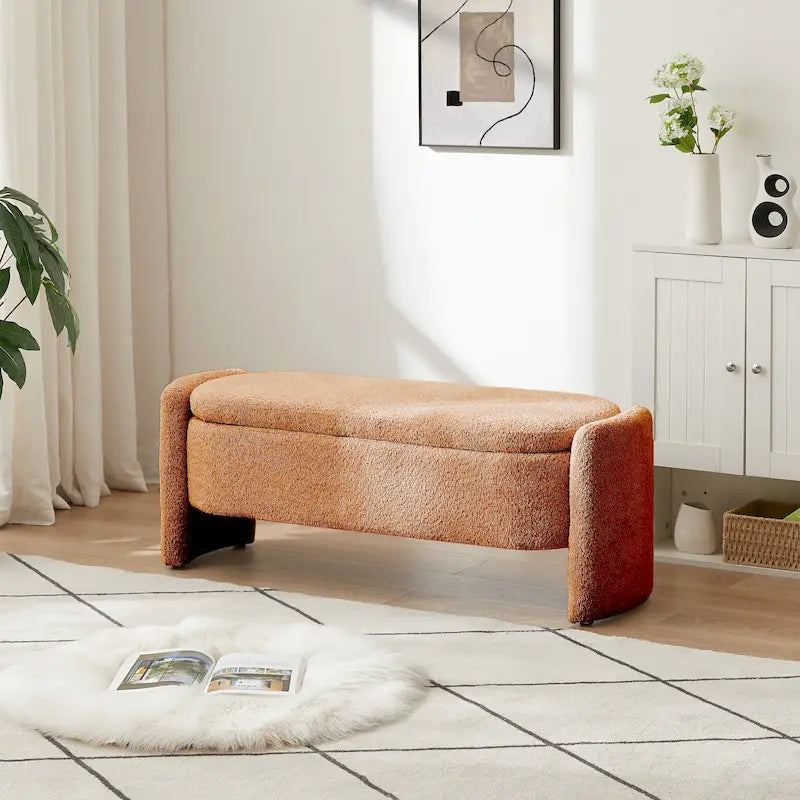 Beige Lamb Fleece Storage Bench with Rounded Sides