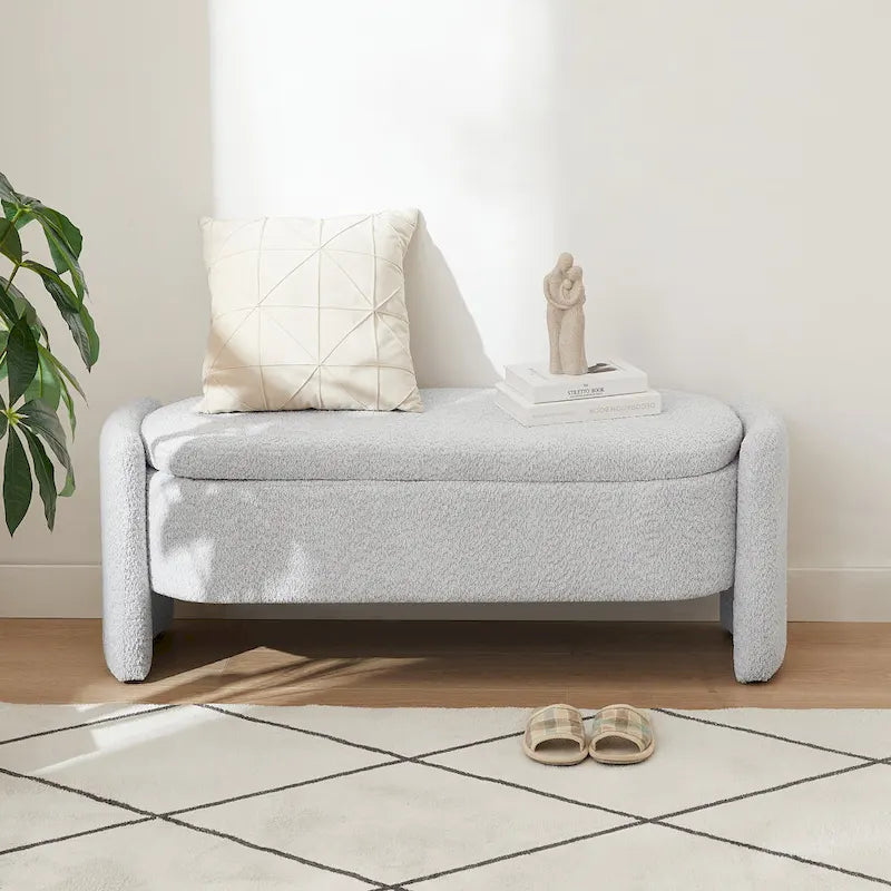 Beige Lamb Fleece Storage Bench with Rounded Sides
