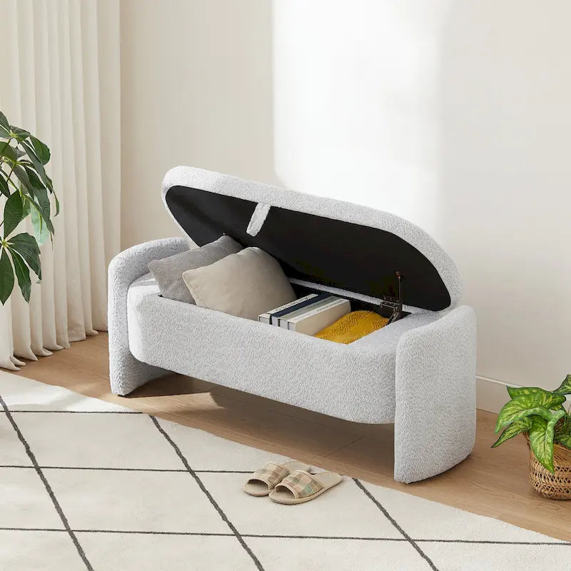 Beige Lamb Fleece Storage Bench with Rounded Sides