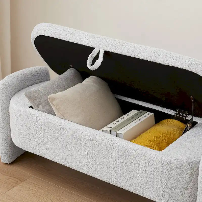 Beige Lamb Fleece Storage Bench with Rounded Sides