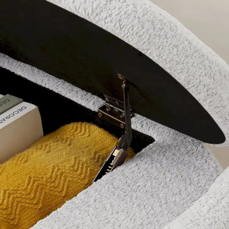 Beige Lamb Fleece Storage Bench with Rounded Sides