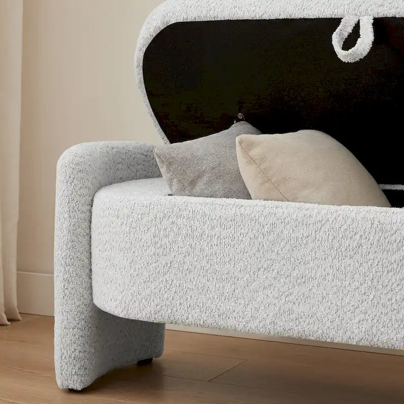 Beige Lamb Fleece Storage Bench with Rounded Sides