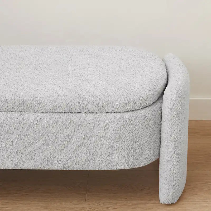 Beige Lamb Fleece Storage Bench with Rounded Sides
