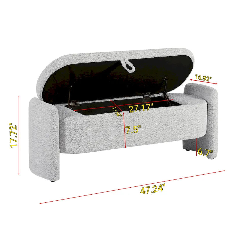 Beige Lamb Fleece Storage Bench with Rounded Sides