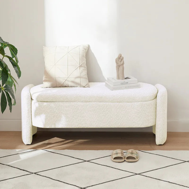 Beige Lamb Fleece Storage Bench with Rounded Sides