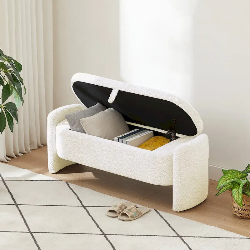 Beige Lamb Fleece Storage Bench with Rounded Sides