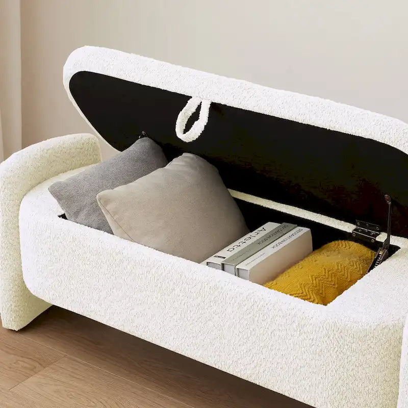 Beige Lamb Fleece Storage Bench with Rounded Sides