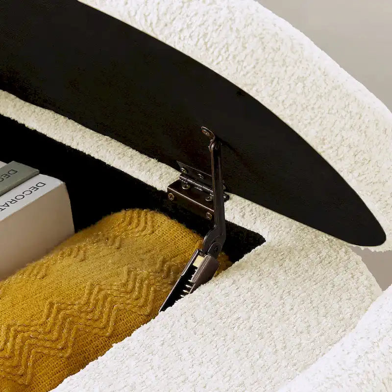 Beige Lamb Fleece Storage Bench with Rounded Sides