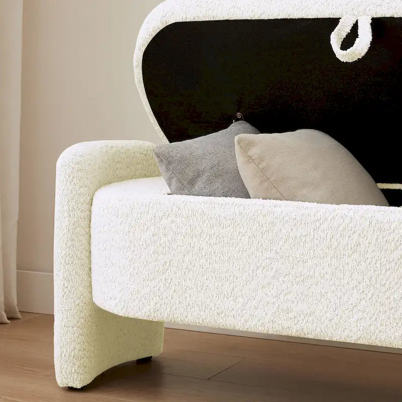 Beige Lamb Fleece Storage Bench with Rounded Sides