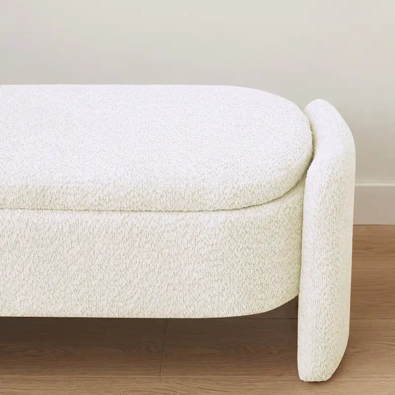 Beige Lamb Fleece Storage Bench with Rounded Sides