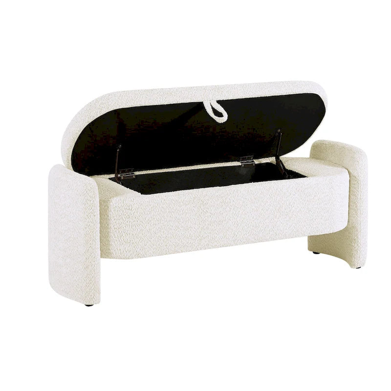 Beige Lamb Fleece Storage Bench with Rounded Sides