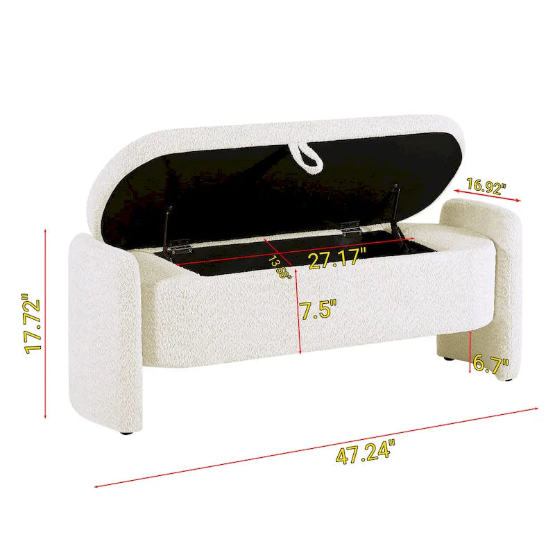 Beige Lamb Fleece Storage Bench with Rounded Sides