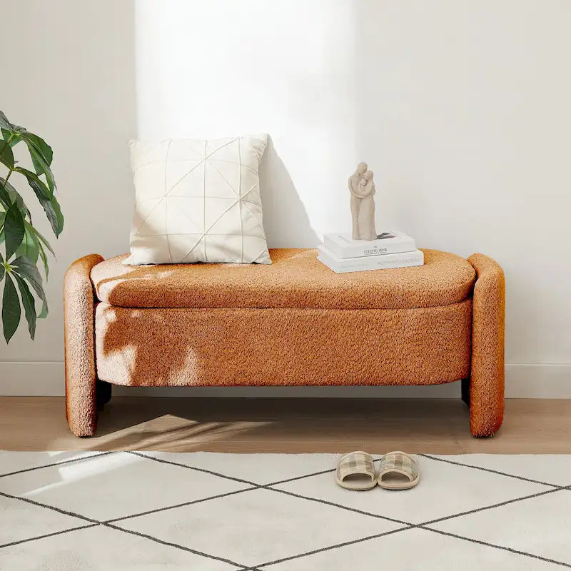 Beige Lamb Fleece Storage Bench with Rounded Sides