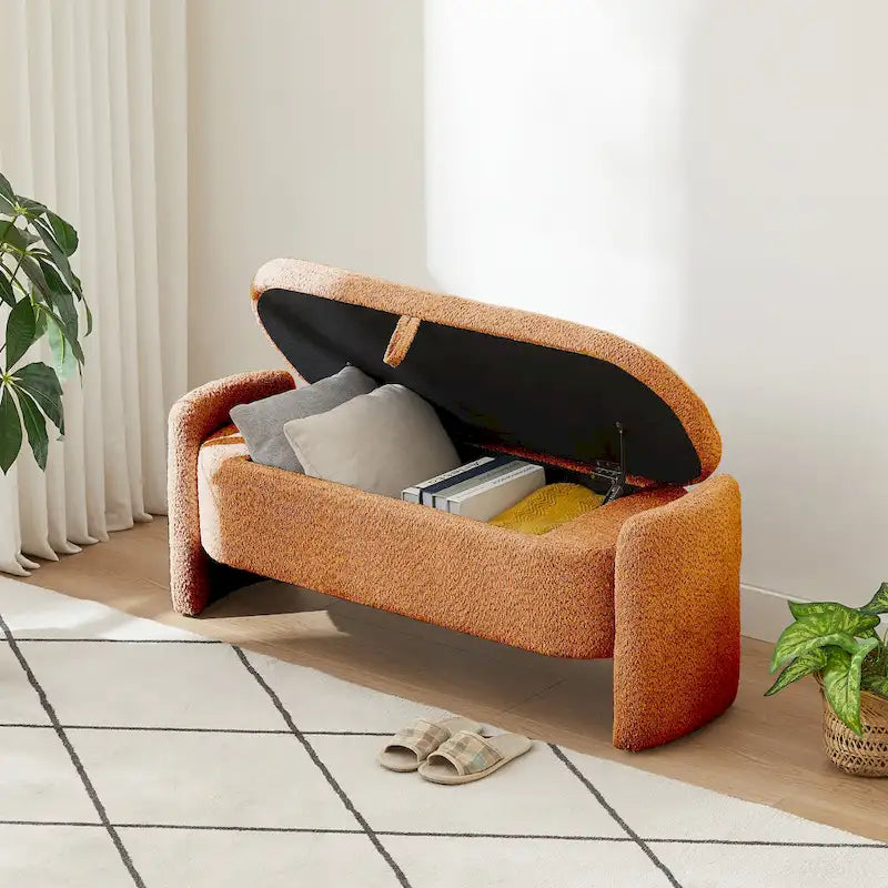 Beige Lamb Fleece Storage Bench with Rounded Sides