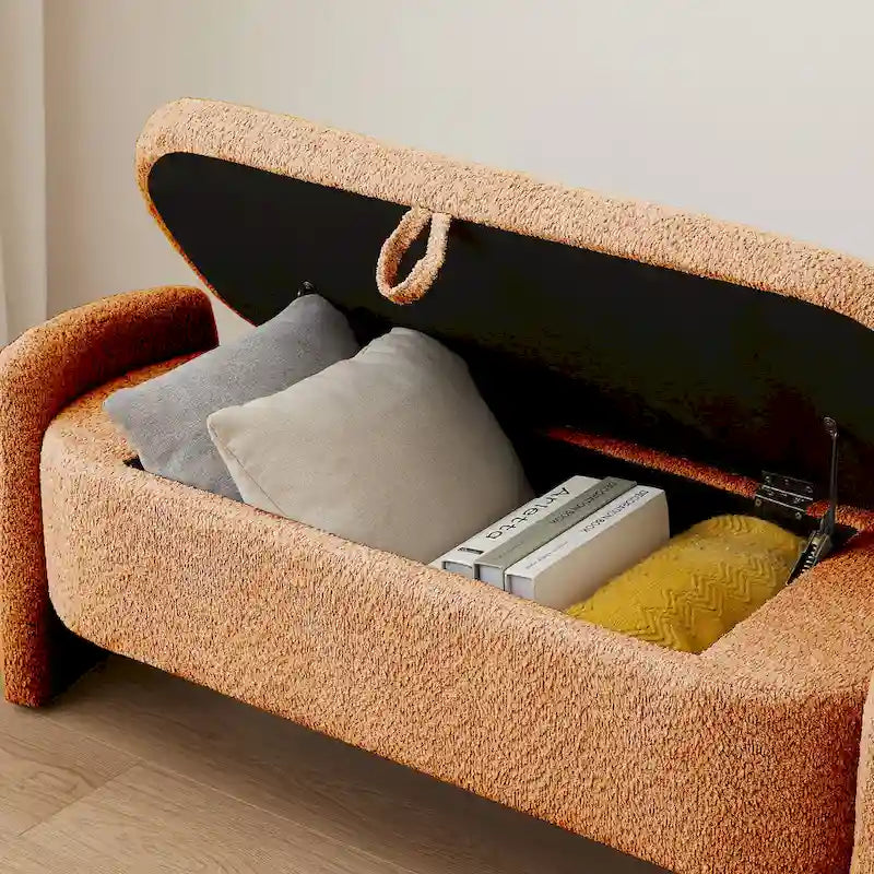 Beige Lamb Fleece Storage Bench with Rounded Sides