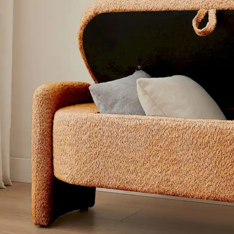 Beige Lamb Fleece Storage Bench with Rounded Sides