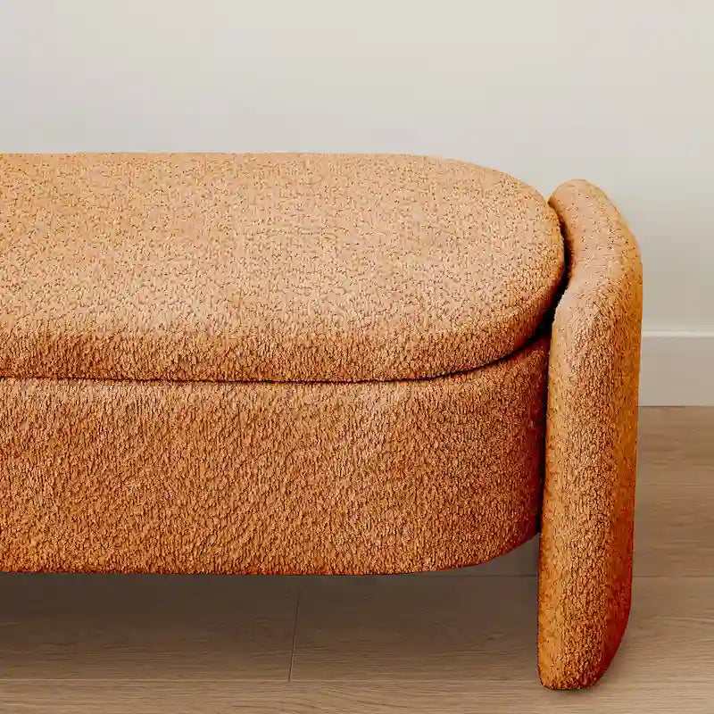 Beige Lamb Fleece Storage Bench with Rounded Sides