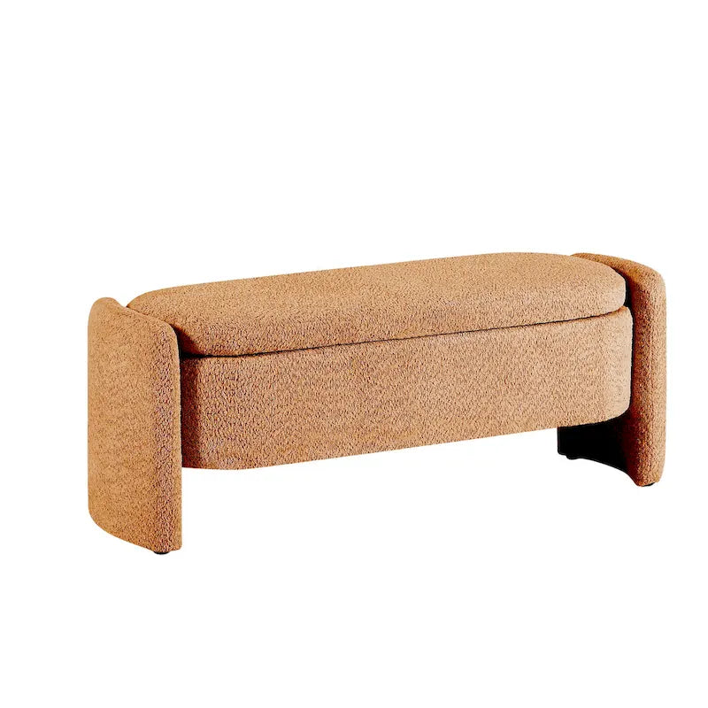 Beige Lamb Fleece Storage Bench with Rounded Sides