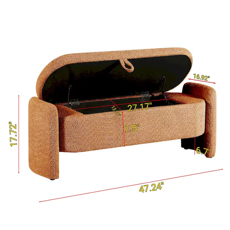 Beige Lamb Fleece Storage Bench with Rounded Sides