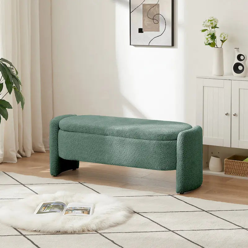 Beige Lamb Fleece Storage Bench with Rounded Sides