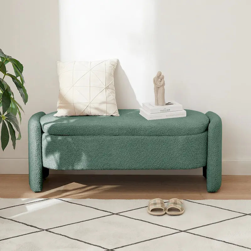 Beige Lamb Fleece Storage Bench with Rounded Sides