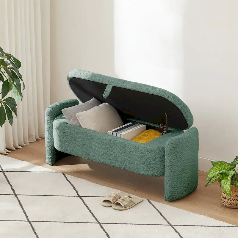Beige Lamb Fleece Storage Bench with Rounded Sides