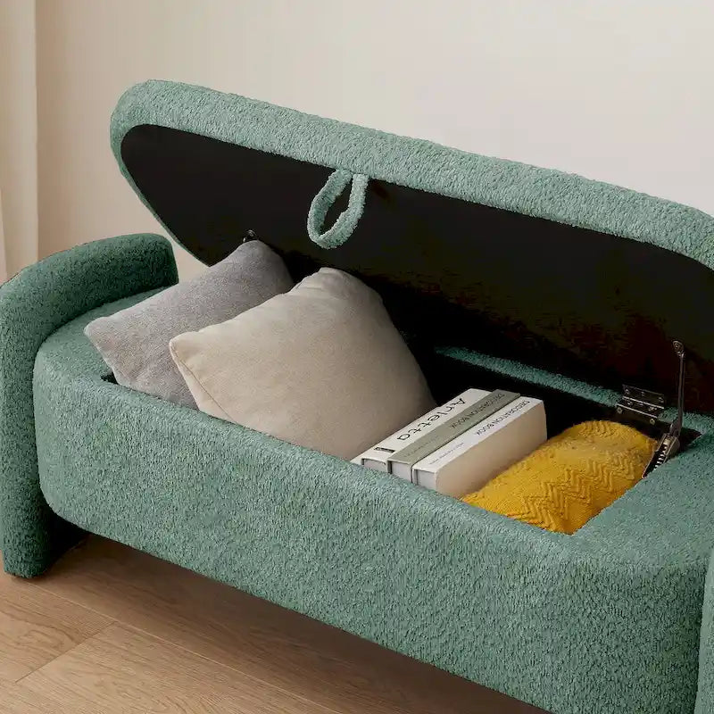 Beige Lamb Fleece Storage Bench with Rounded Sides