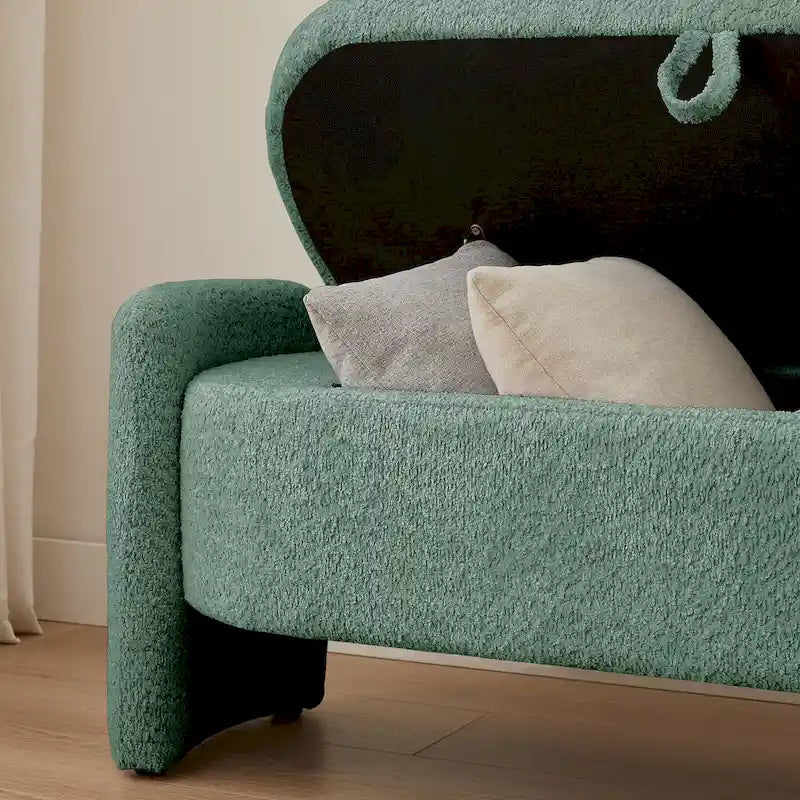 Beige Lamb Fleece Storage Bench with Rounded Sides