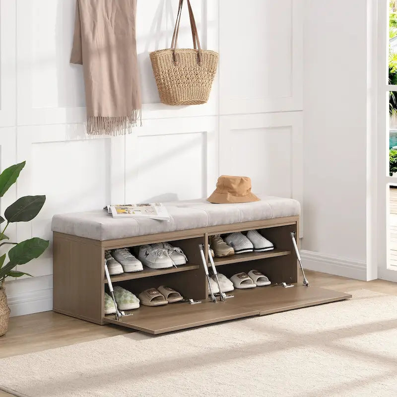 Upholstered Shoe Storage Bench with Cushioned Seat - 49 Inch