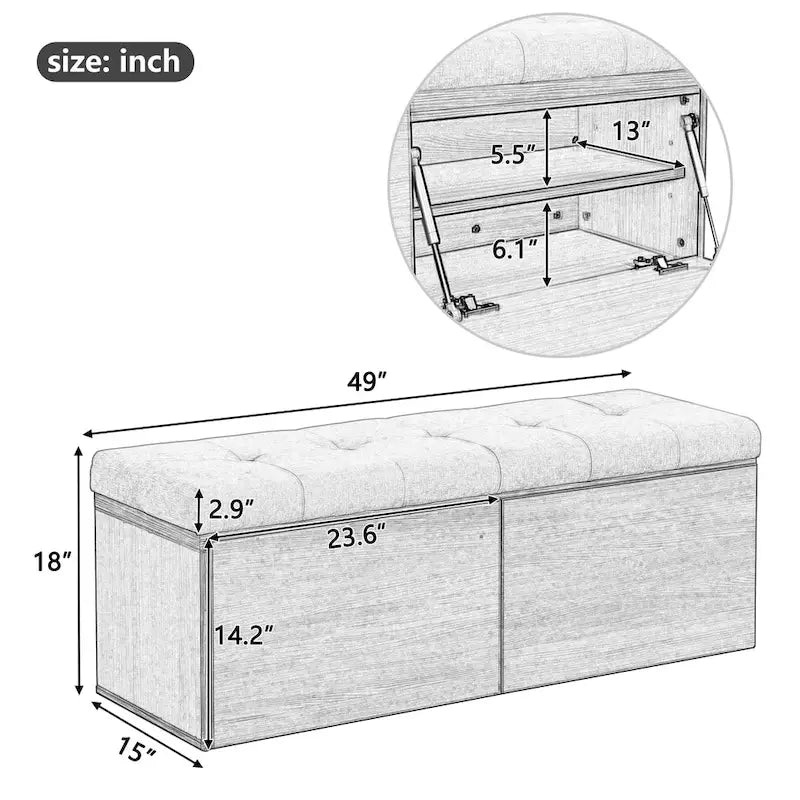 Upholstered Shoe Storage Bench with Cushioned Seat - 49 Inch