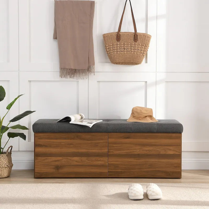 Upholstered Shoe Storage Bench with Cushioned Seat - 49 Inch