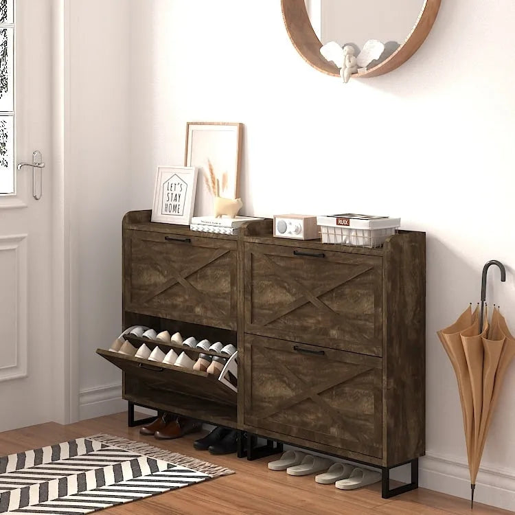 White Tall Shoe Cabinet with Drawers for 24-32 Pairs