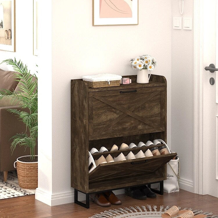 White Tall Shoe Cabinet with Drawers for 24-32 Pairs