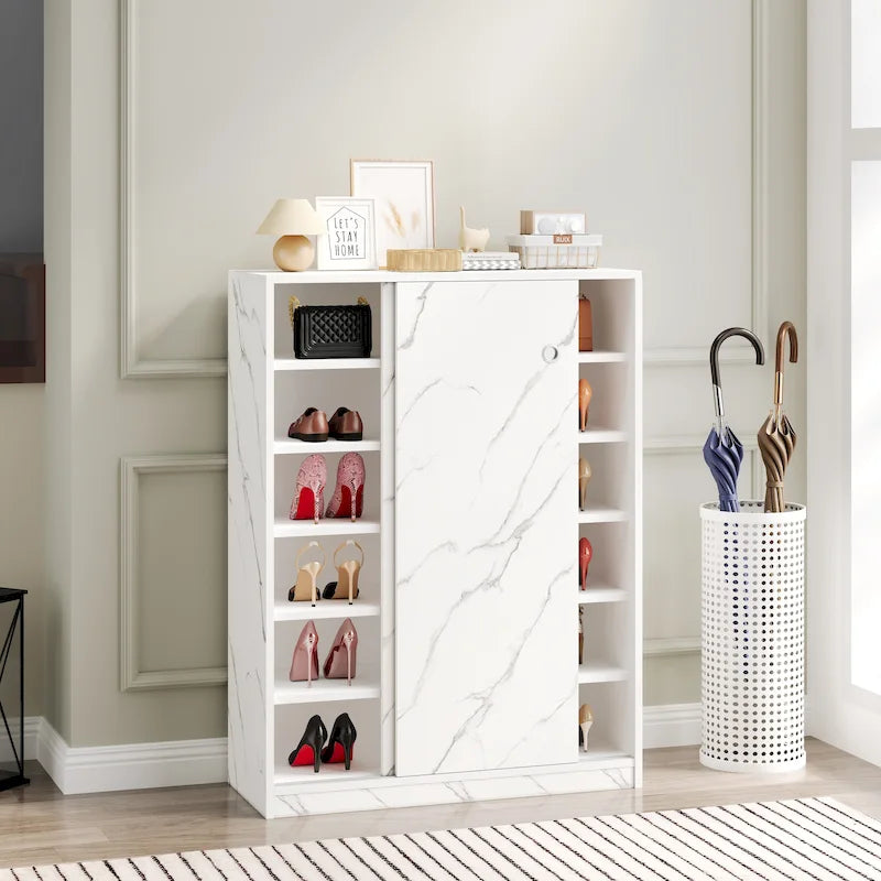 White Marble Sliding Door Shoe Cabinet with 6 Layers for 30 Pairs