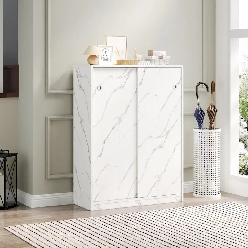 White Marble Sliding Door Shoe Cabinet with 6 Layers for 30 Pairs