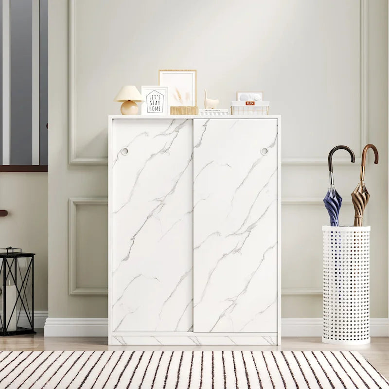 White Marble Sliding Door Shoe Cabinet with 6 Layers for 30 Pairs