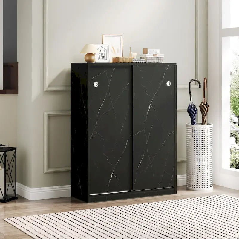 White Marble Sliding Door Shoe Cabinet with 6 Layers for 30 Pairs