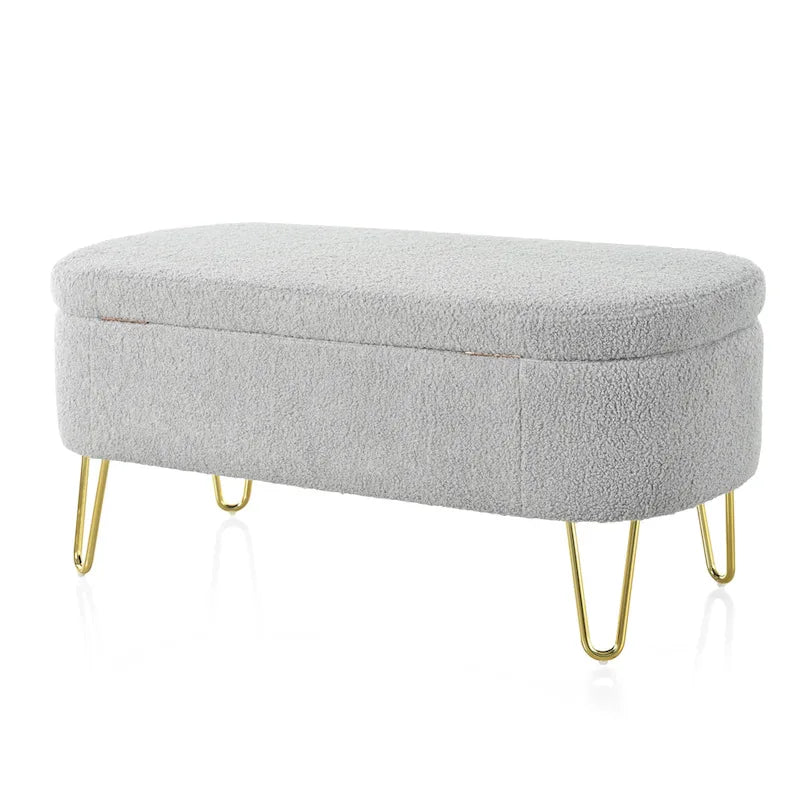 Oval Storage Bench for Living Room Bedroom End of Bed, Upholstered Storage Ottoman Entryway Bench With Metal Legs