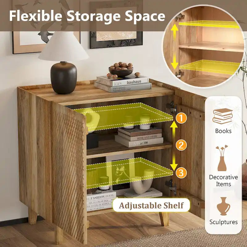 Natural Wood Storage Cabinet with Fluted Design - 28W