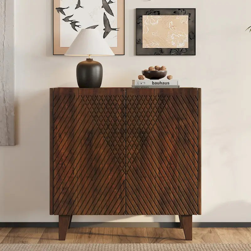 Natural Wood Storage Cabinet with Fluted Design - 28W
