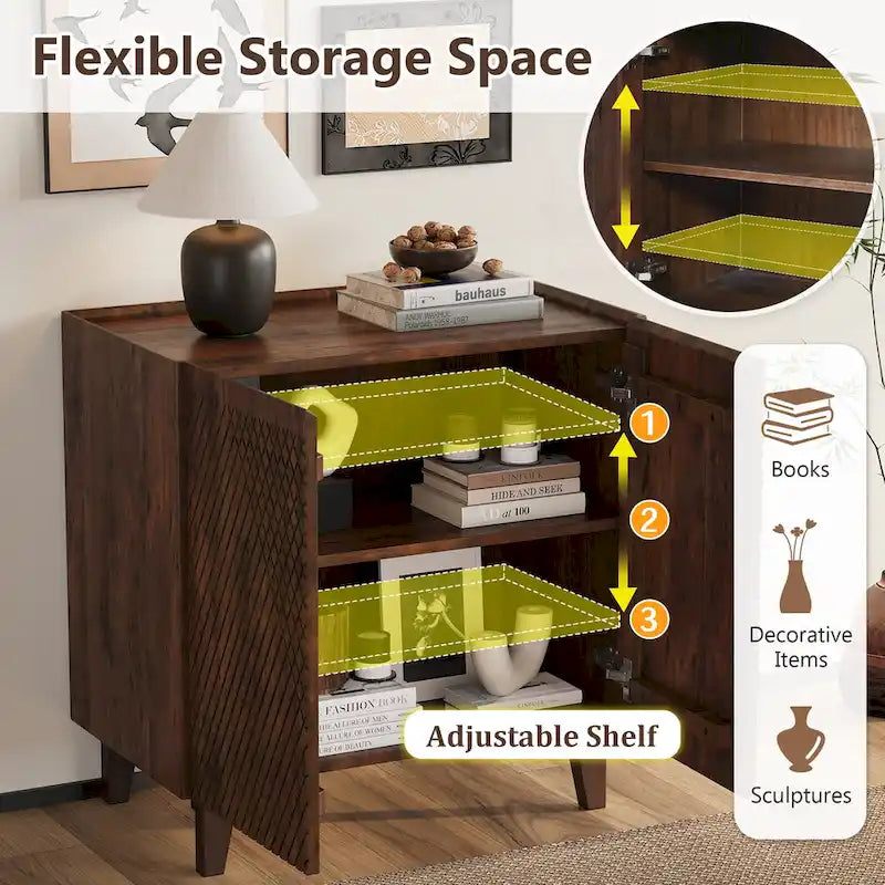 Natural Wood Storage Cabinet with Fluted Design - 28W