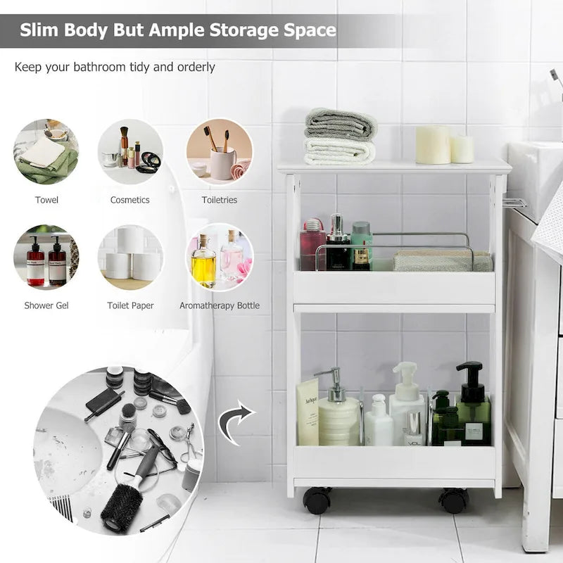 White Slim Rolling Storage Cart - 3-Tier Mobile Bathroom Cabinet