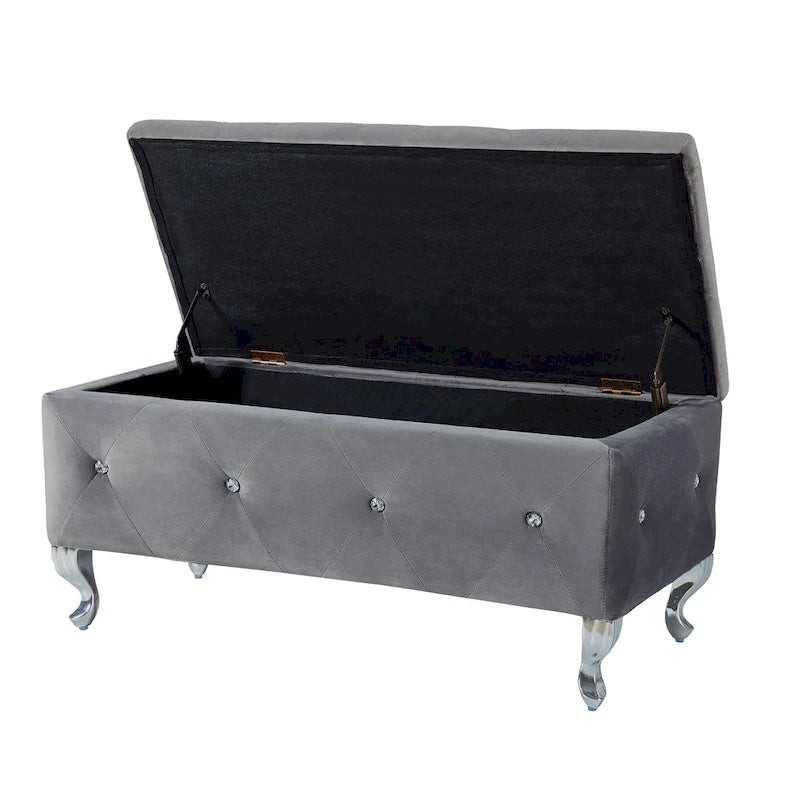 Gray Tufted Storage Bench with Crystal Buttons