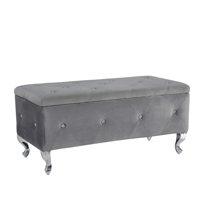 Gray Tufted Storage Bench with Crystal Buttons